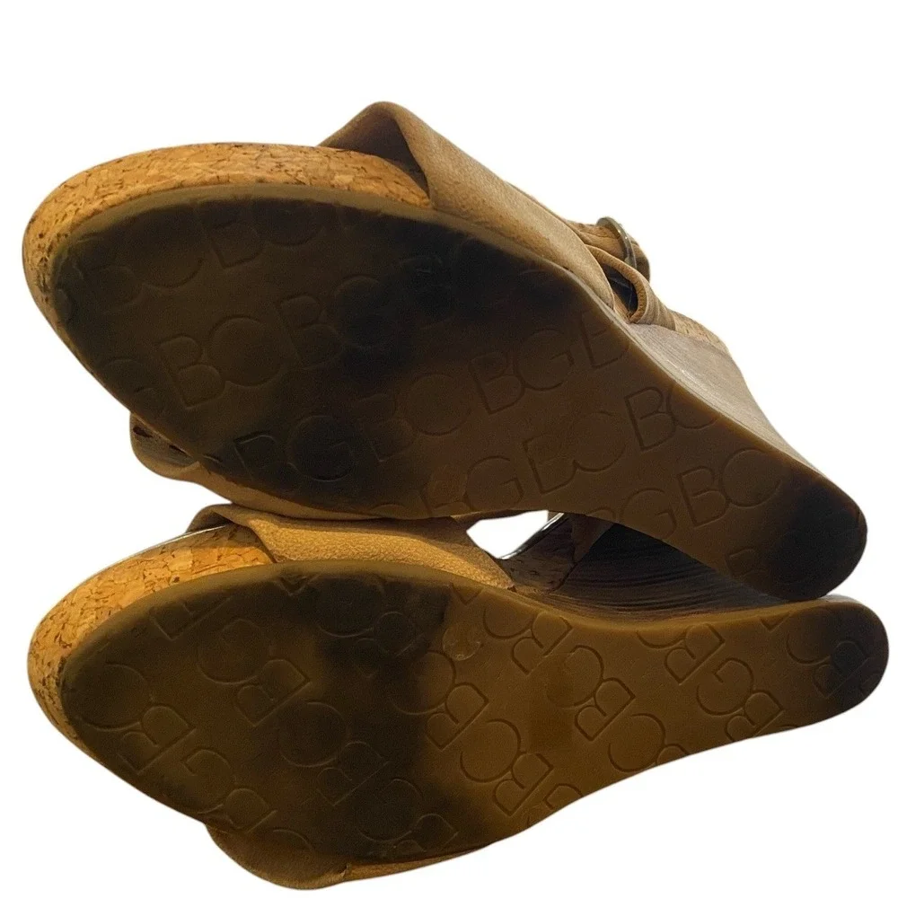 BCBG Paris Knotted Wedge Leather Sandals Cork/Wood Platform Sz 9.5 Beige #332L